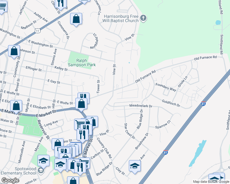 map of restaurants, bars, coffee shops, grocery stores, and more near 793 Vine Street in Harrisonburg