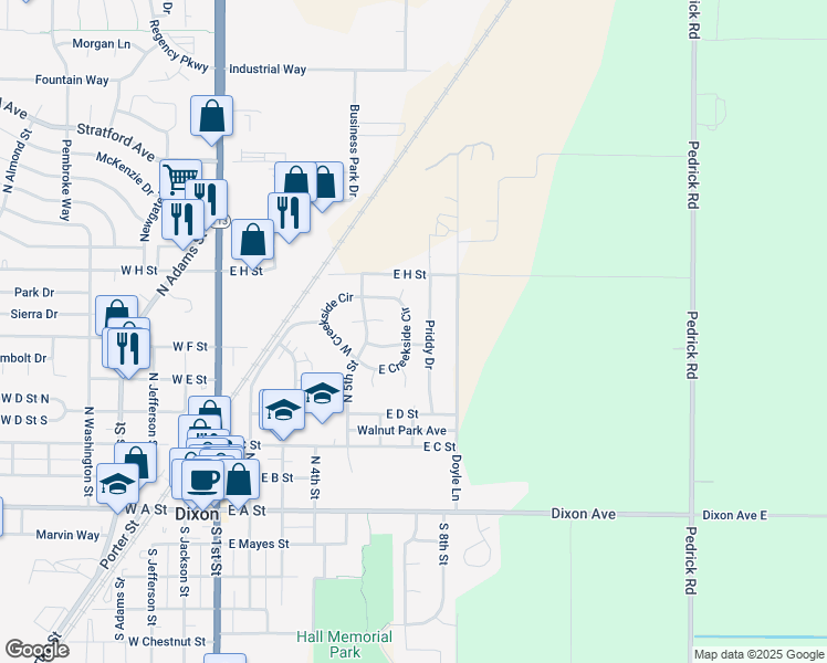 map of restaurants, bars, coffee shops, grocery stores, and more near 630 East Creekside Circle in Dixon