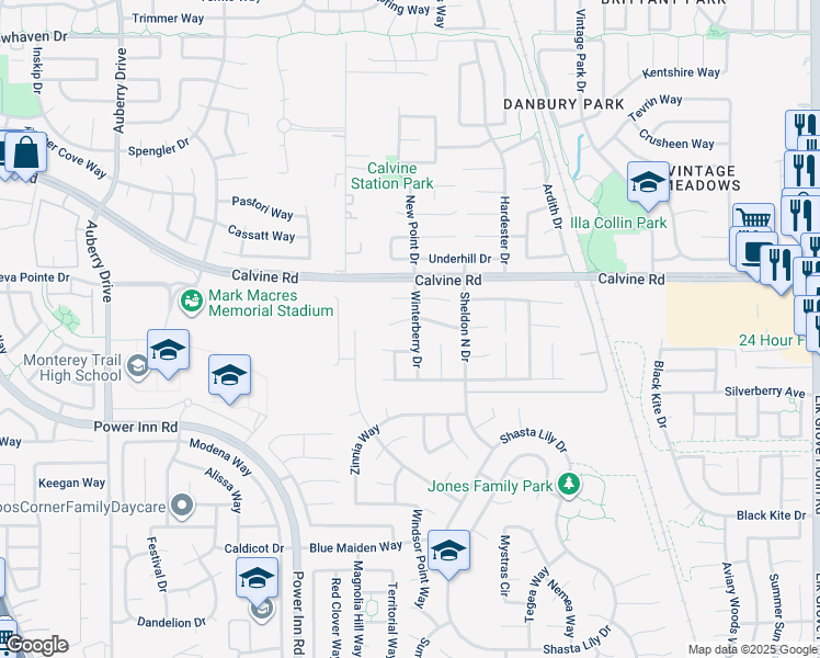 map of restaurants, bars, coffee shops, grocery stores, and more near 8444 Winterberry Drive in Elk Grove