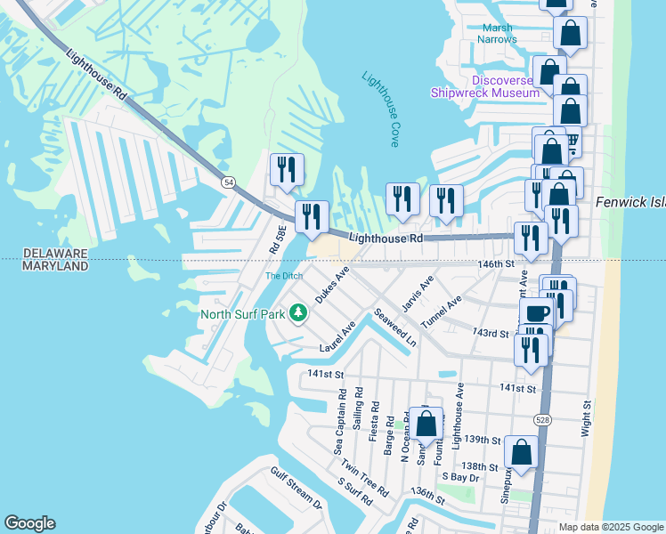 map of restaurants, bars, coffee shops, grocery stores, and more near 803 142nd Street in Ocean City