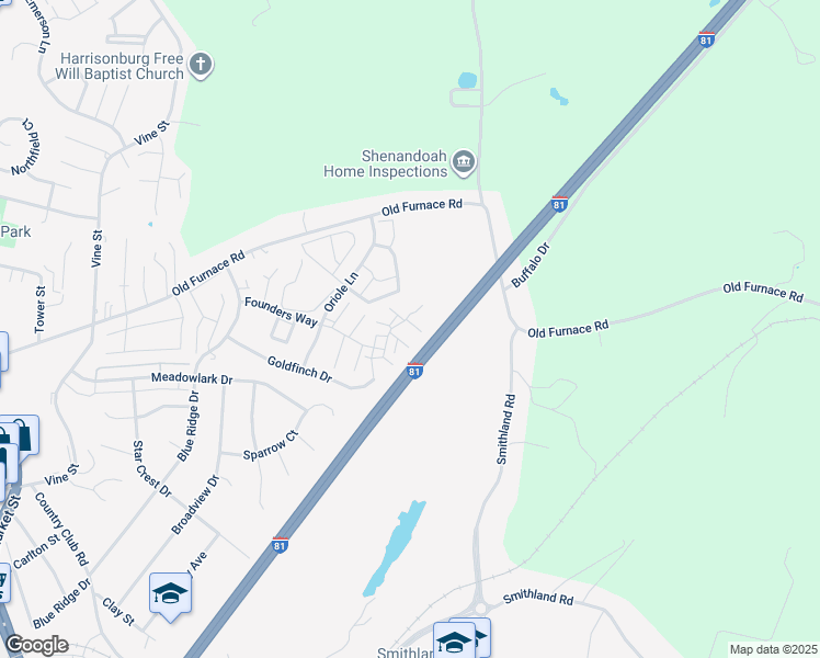 map of restaurants, bars, coffee shops, grocery stores, and more near 1055 John Paul Jones Lane in Harrisonburg