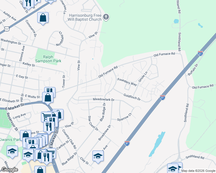 map of restaurants, bars, coffee shops, grocery stores, and more near 1141 Wellington Drive in Harrisonburg