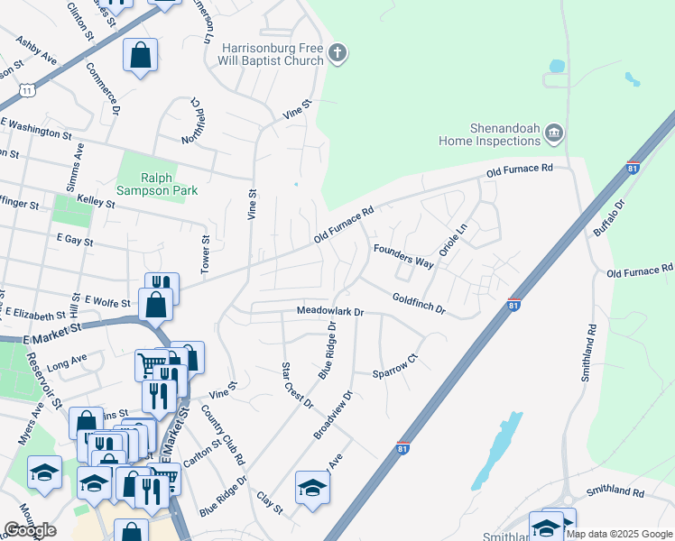 map of restaurants, bars, coffee shops, grocery stores, and more near 1141 Wellington Drive in Harrisonburg