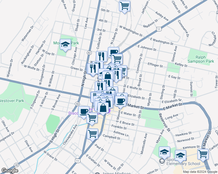 map of restaurants, bars, coffee shops, grocery stores, and more near 157 North Main Street in Harrisonburg
