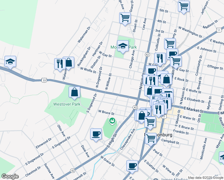 map of restaurants, bars, coffee shops, grocery stores, and more near 3 Shenandoah Avenue in Harrisonburg