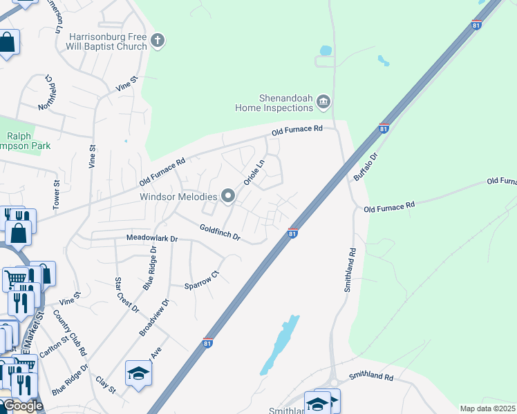 map of restaurants, bars, coffee shops, grocery stores, and more near 1123 Patrick Henry Place in Harrisonburg