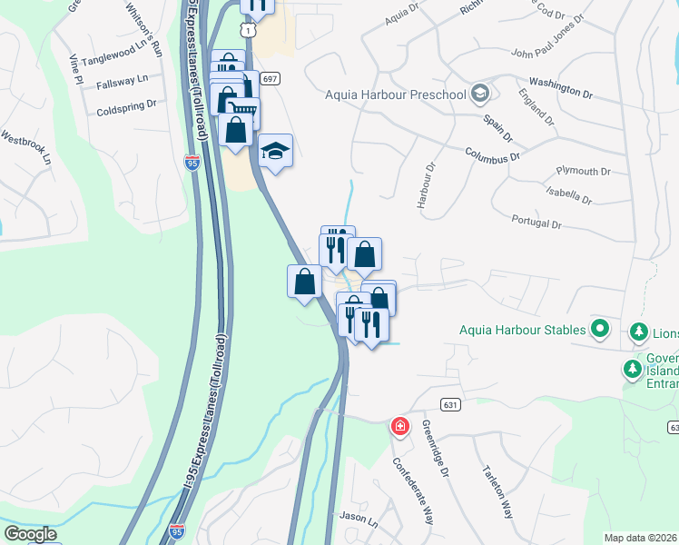 map of restaurants, bars, coffee shops, grocery stores, and more near 60 Susa Lane in Stafford