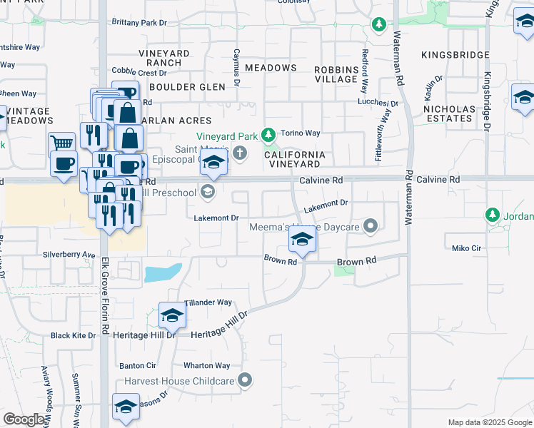 map of restaurants, bars, coffee shops, grocery stores, and more near 9064 Bristol Plaza Way in Elk Grove