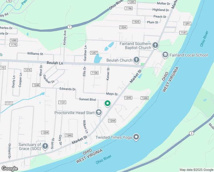 map of restaurants, bars, coffee shops, grocery stores, and more near 53 Kaiser Street in Proctorville