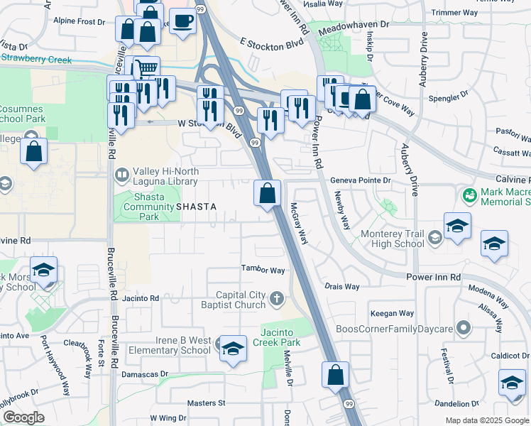 map of restaurants, bars, coffee shops, grocery stores, and more near 8450 West Stockton Boulevard in Elk Grove
