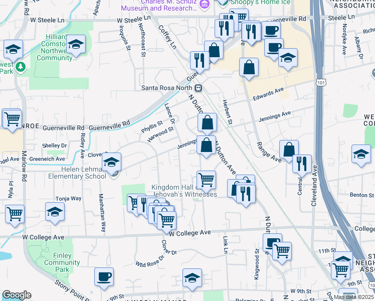 map of restaurants, bars, coffee shops, grocery stores, and more near 1771 Eardley Avenue in Santa Rosa
