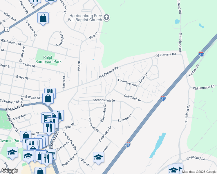map of restaurants, bars, coffee shops, grocery stores, and more near 1141 Wellington Drive in Harrisonburg