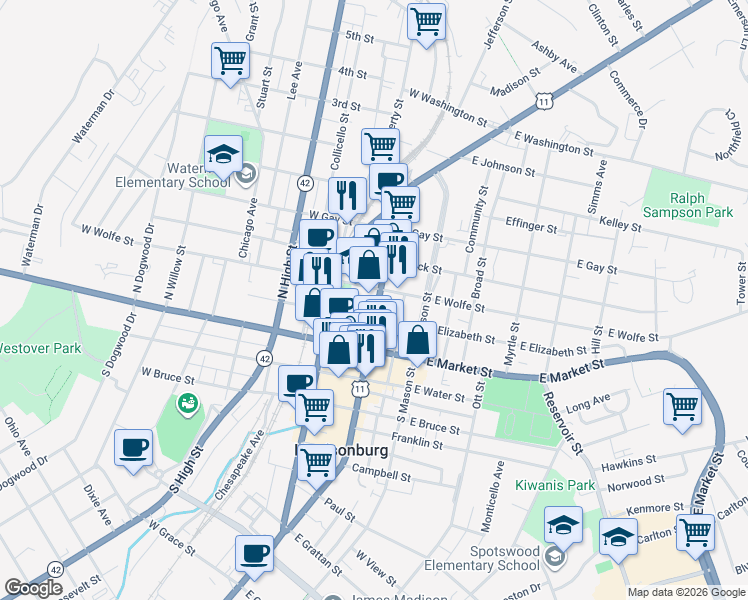 map of restaurants, bars, coffee shops, grocery stores, and more near 157 North Main Street in Harrisonburg