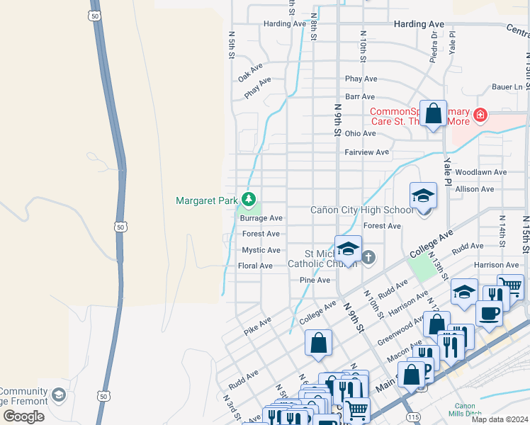 map of restaurants, bars, coffee shops, grocery stores, and more near 1304 North 6th Street in Cañon City
