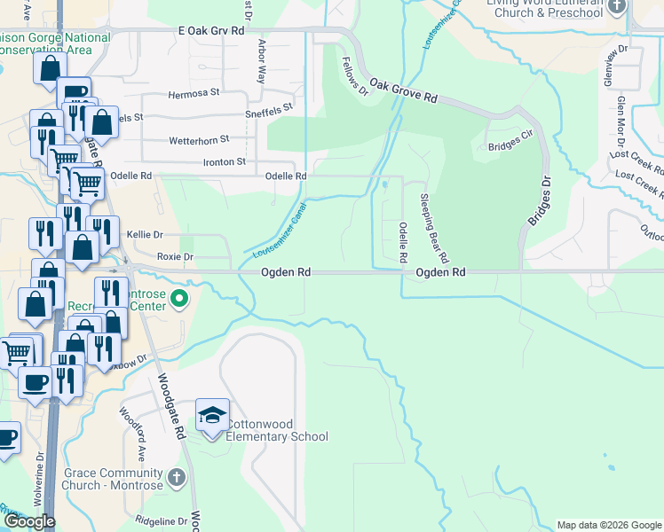 map of restaurants, bars, coffee shops, grocery stores, and more near 66059 Ogden Road in Montrose