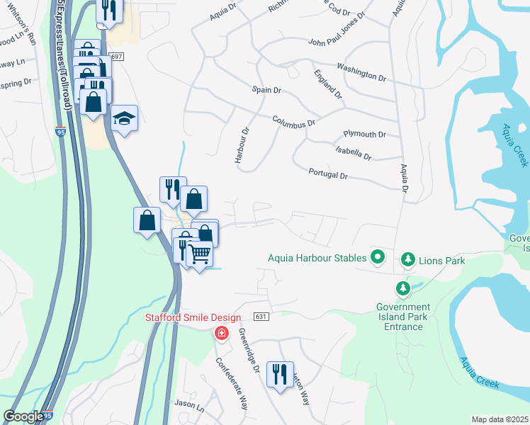 map of restaurants, bars, coffee shops, grocery stores, and more near 38 White Pine Circle in Stafford