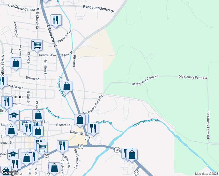 map of restaurants, bars, coffee shops, grocery stores, and more near 1122 Old County Farm Road in Union