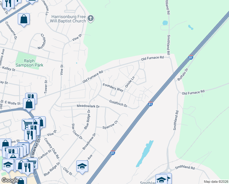 map of restaurants, bars, coffee shops, grocery stores, and more near 1213 Settlers Lane in Harrisonburg