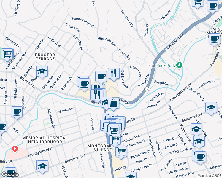 map of restaurants, bars, coffee shops, grocery stores, and more near 101 Farmers Lane in Santa Rosa