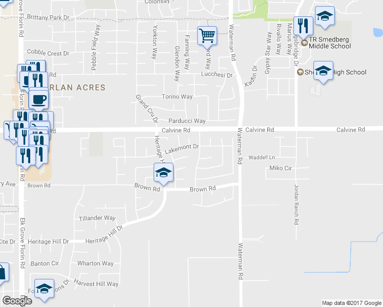 map of restaurants, bars, coffee shops, grocery stores, and more near 9203 Morgan Point Court in Elk Grove