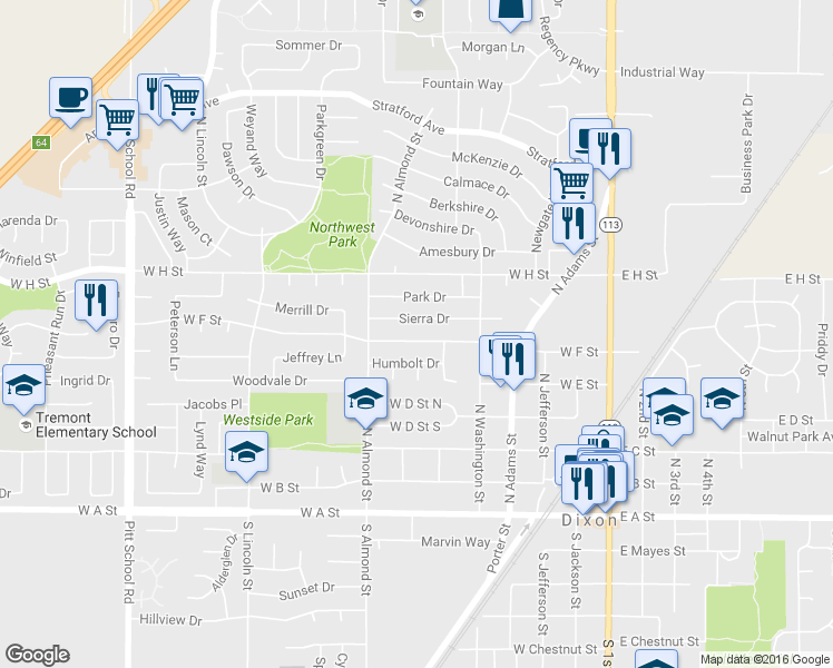 map of restaurants, bars, coffee shops, grocery stores, and more near 640 West F Street in Dixon