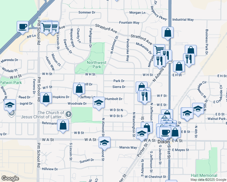 map of restaurants, bars, coffee shops, grocery stores, and more near 640 West F Street in Dixon