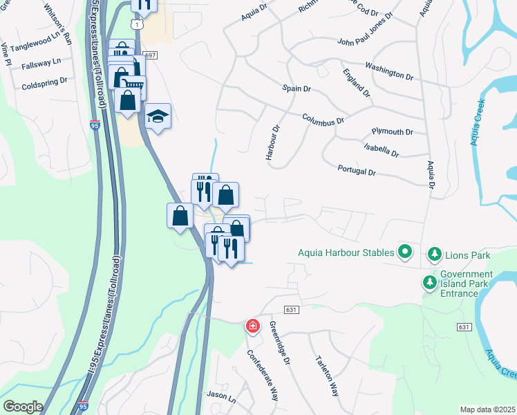 map of restaurants, bars, coffee shops, grocery stores, and more near 76 Red Maple Court in Stafford