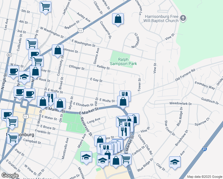 map of restaurants, bars, coffee shops, grocery stores, and more near 341 Summit Street in Harrisonburg