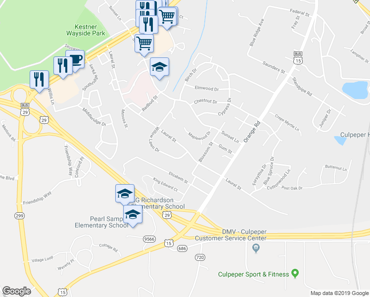 map of restaurants, bars, coffee shops, grocery stores, and more near 311 Laurel Street in Culpeper