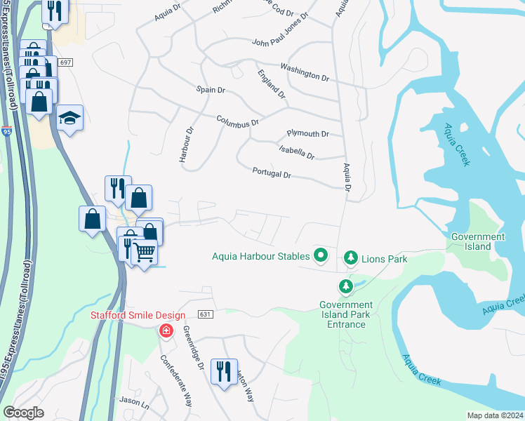 map of restaurants, bars, coffee shops, grocery stores, and more near 66 White Pine Circle in Stafford