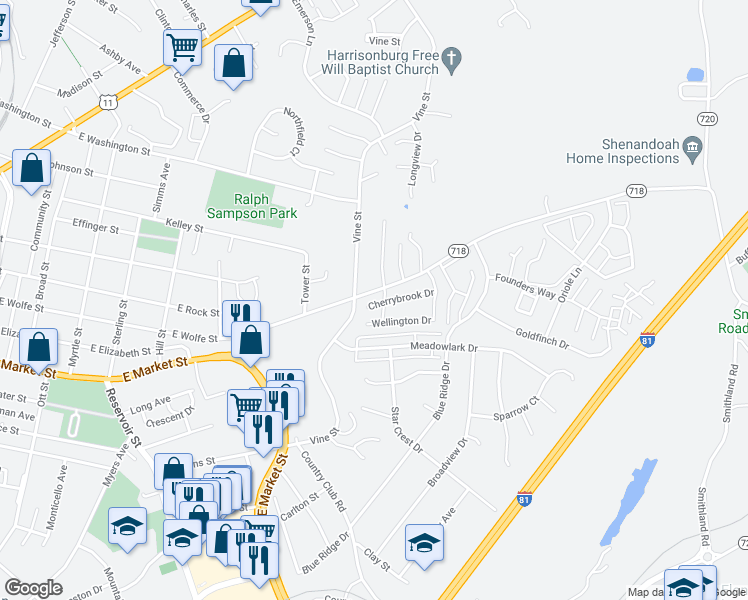 map of restaurants, bars, coffee shops, grocery stores, and more near 1020 Cherrybrook Drive in Harrisonburg