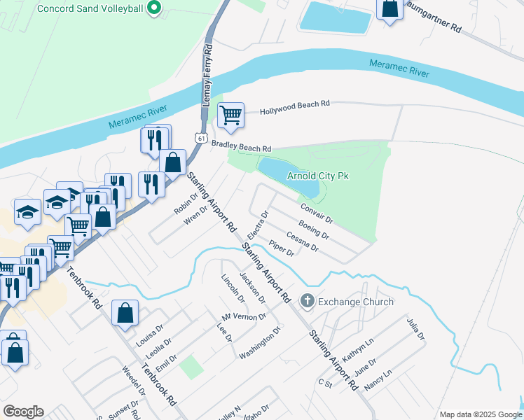 map of restaurants, bars, coffee shops, grocery stores, and more near 447 Electra Drive in Arnold