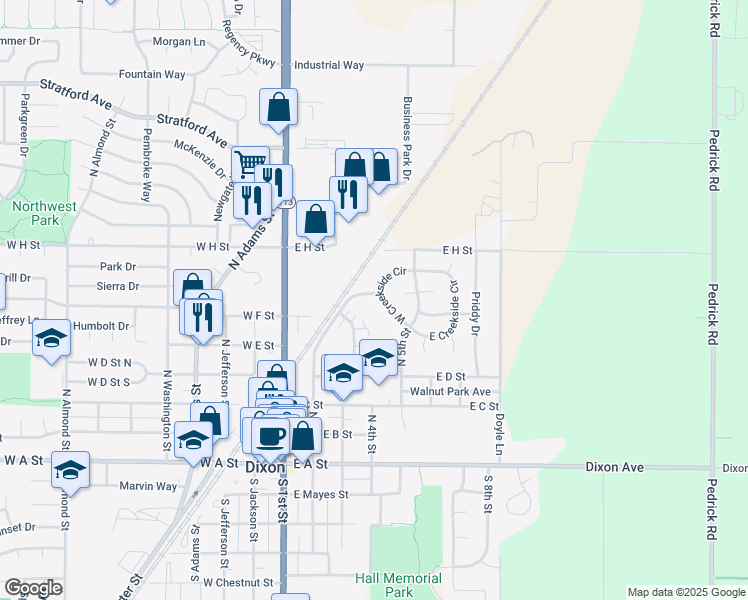 map of restaurants, bars, coffee shops, grocery stores, and more near 555 West Creekside Circle in Dixon