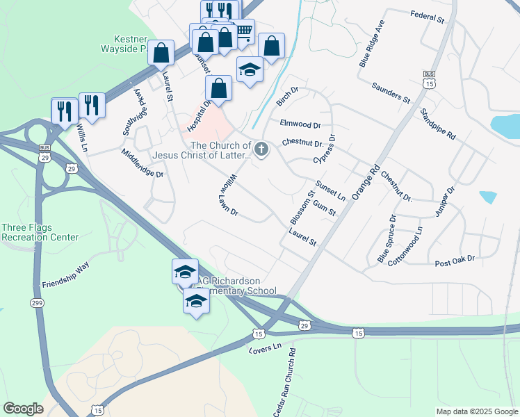 map of restaurants, bars, coffee shops, grocery stores, and more near 311 Laurel Street in Culpeper