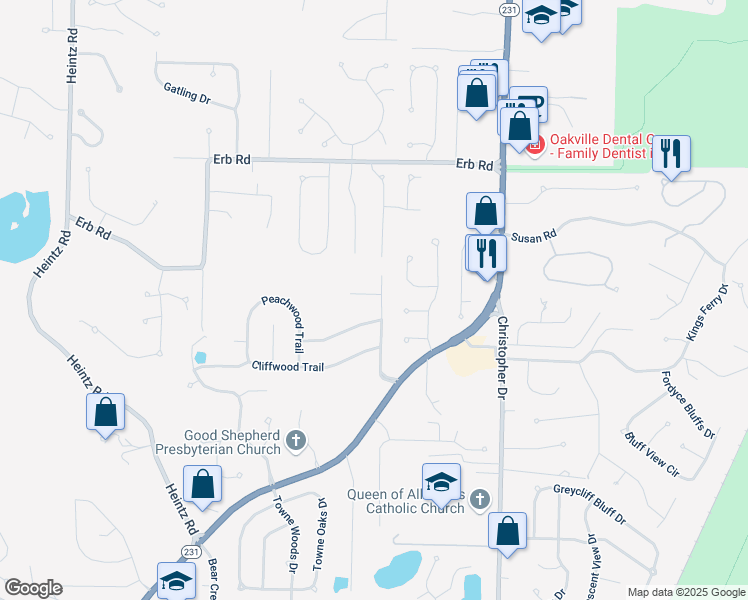 map of restaurants, bars, coffee shops, grocery stores, and more near 2604 Circlewood Trail in St. Louis