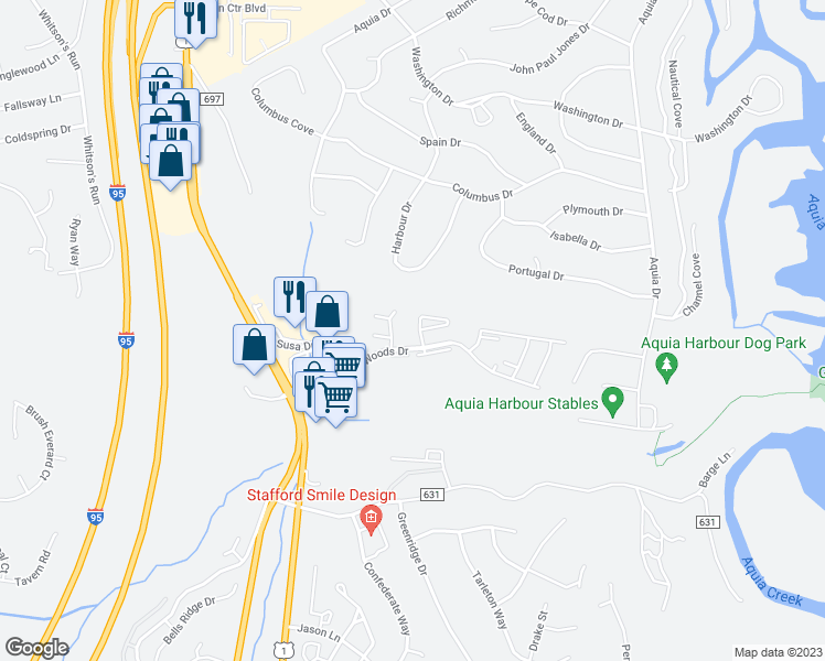 map of restaurants, bars, coffee shops, grocery stores, and more near 15 Fern Oak Circle in Stafford