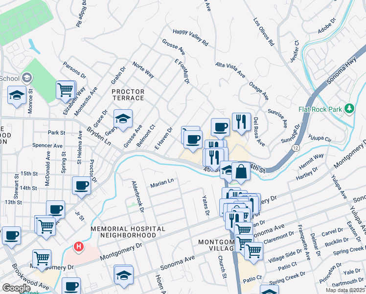map of restaurants, bars, coffee shops, grocery stores, and more near 1955 Rogers Way in Santa Rosa