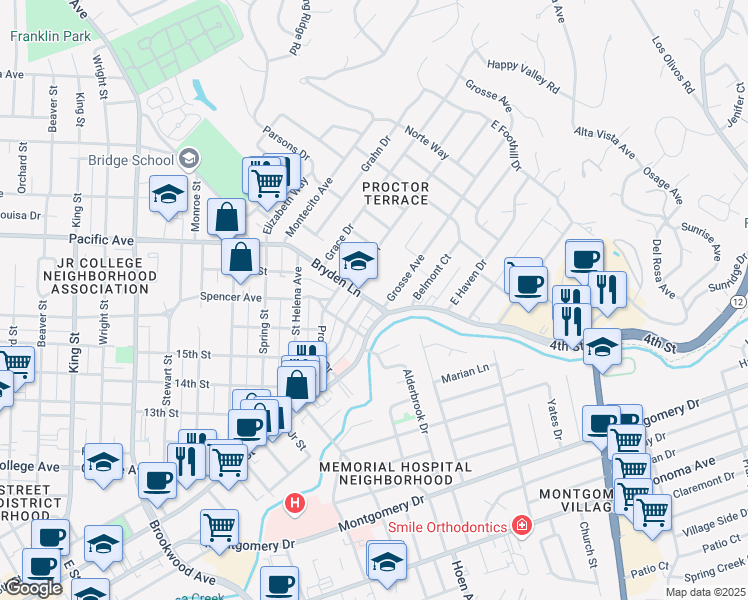 map of restaurants, bars, coffee shops, grocery stores, and more near 1828 Austin Way in Santa Rosa
