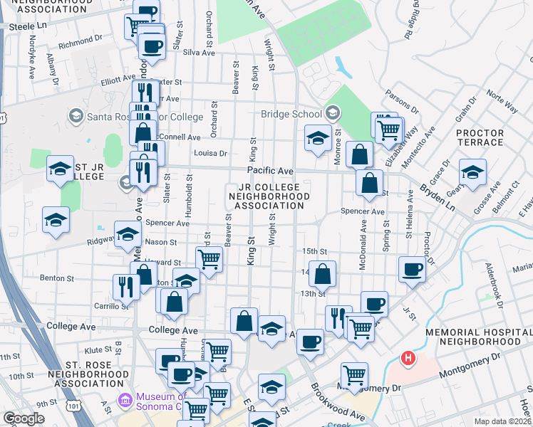 map of restaurants, bars, coffee shops, grocery stores, and more near 1010 King Street in Santa Rosa