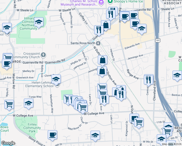 map of restaurants, bars, coffee shops, grocery stores, and more near 1771 Eardley Avenue in Santa Rosa
