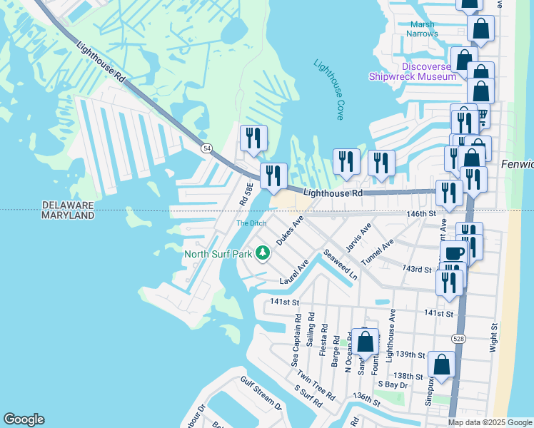map of restaurants, bars, coffee shops, grocery stores, and more near 14127 Caine Stable Road in Ocean City