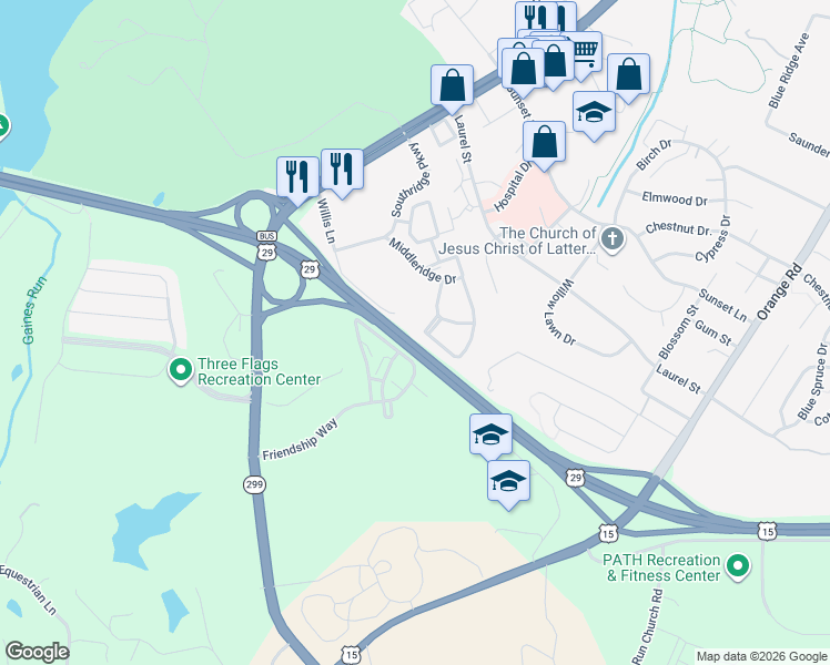 map of restaurants, bars, coffee shops, grocery stores, and more near 200 Friendship Way in Culpeper