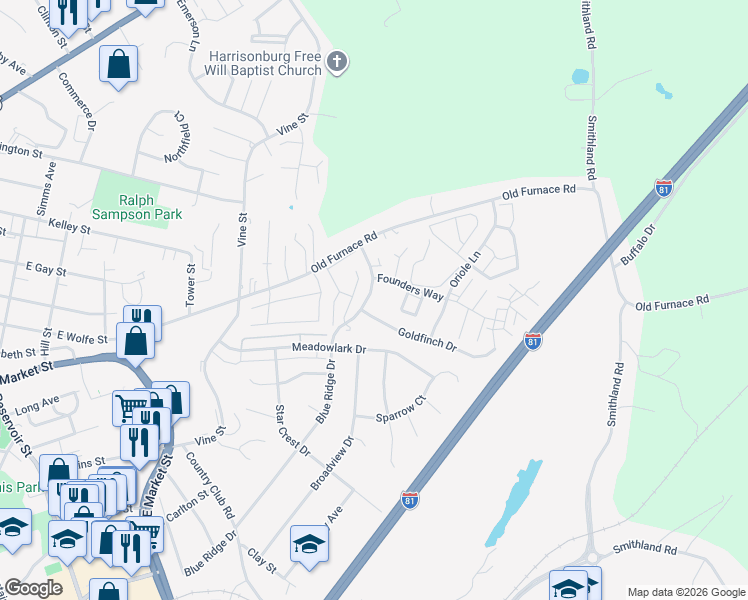 map of restaurants, bars, coffee shops, grocery stores, and more near 1204 Goldfinch Drive in Harrisonburg