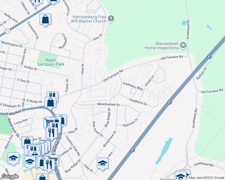 map of restaurants, bars, coffee shops, grocery stores, and more near 1141 Wellington Drive in Harrisonburg