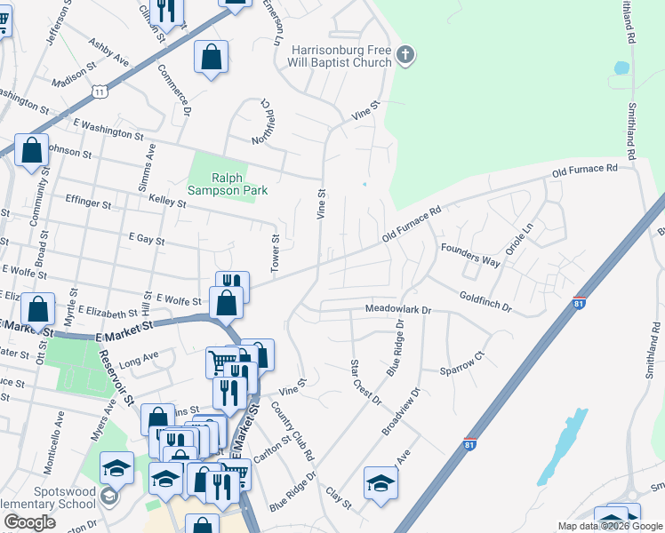 map of restaurants, bars, coffee shops, grocery stores, and more near 793 Vine Street in Harrisonburg