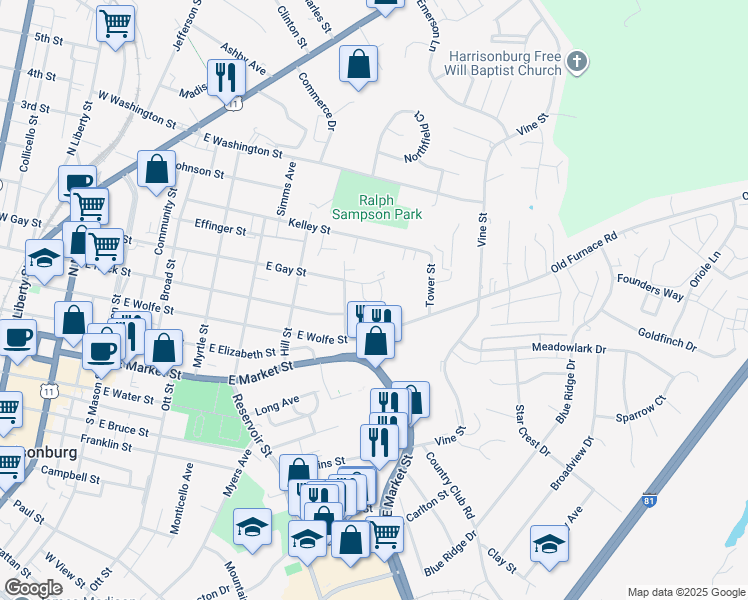 map of restaurants, bars, coffee shops, grocery stores, and more near 703 E Gay St in Harrisonburg