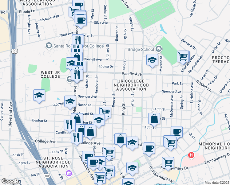 map of restaurants, bars, coffee shops, grocery stores, and more near 1120 Beaver Street in Santa Rosa