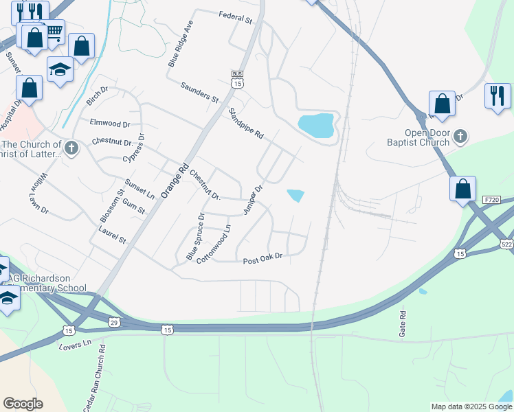 map of restaurants, bars, coffee shops, grocery stores, and more near 2205 Chestnut Drive in Culpeper
