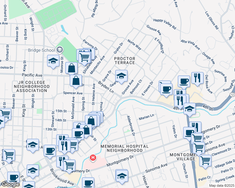 map of restaurants, bars, coffee shops, grocery stores, and more near 1711 Bryden Lane in Santa Rosa