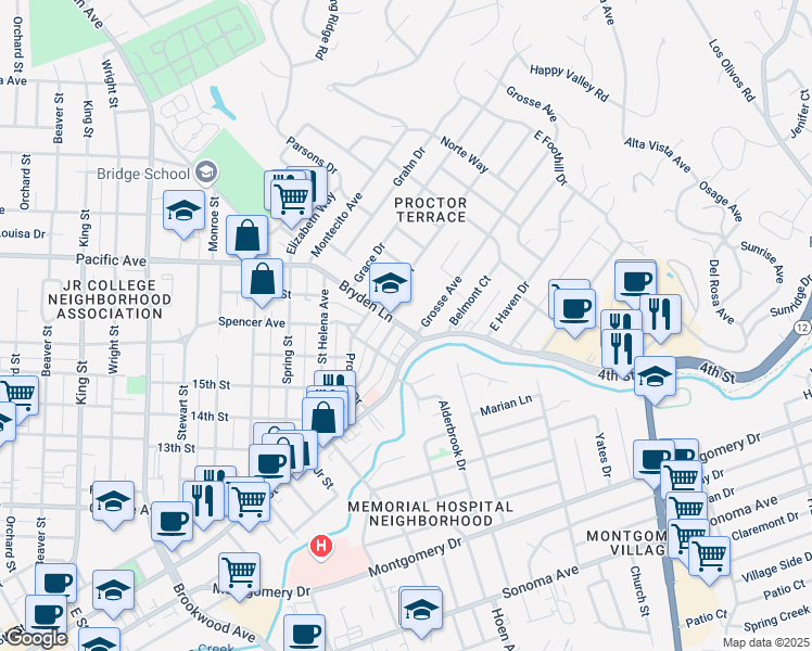map of restaurants, bars, coffee shops, grocery stores, and more near 1711 Bryden Lane in Santa Rosa